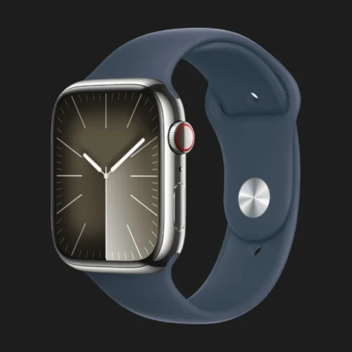 Apple Watch Series 9 45mm GPS + LTE, Silver Stainless Steel Case with with Storm Blue Sport Band M/L (MRMP3)