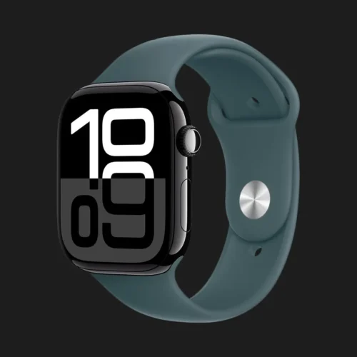Apple Watch Series 10 GPS, 42mm Jet Black Aluminum Case with Lake Green Sport Band (S/M)