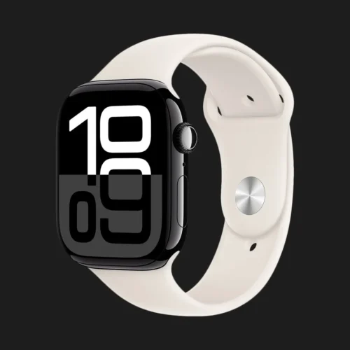 Apple Watch Series 10 GPS, 42mm Jet Black Aluminum Case with Starlight Sport Band (S/M)