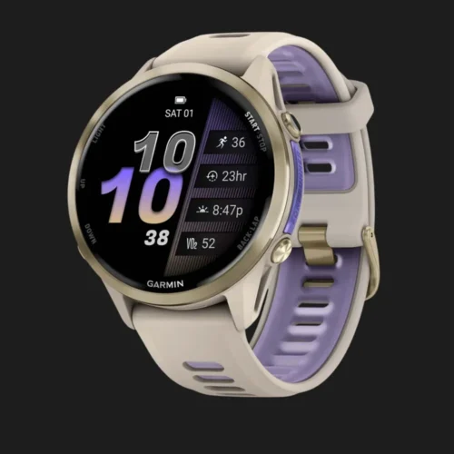 Garmin Forerunner 970 Soft Gold Titanium with French Gray Case and French Gray/Translucent Indigo Band