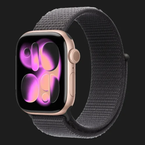 Apple Watch Series 11 GPS, 46mm Rose Gold Aluminum Case with Dark Gray Sport Loop